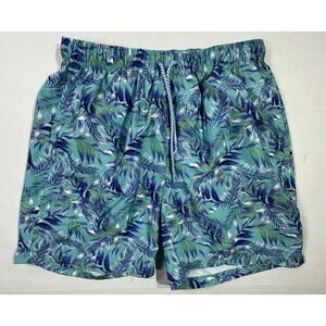 TailorByrd Men's M Swim Trunks Green Blue Palm Leaf Print Drawstring Lined